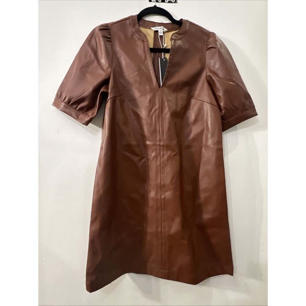 Steve Madden Cognac Faux Leather Puff Sleeve‎ Mini Dress NWT Size small